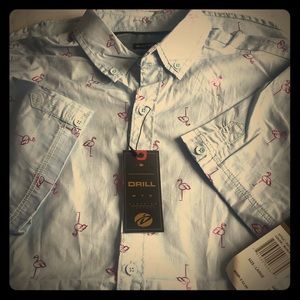 Pink Foil Flamingo Print SS Button Down Mens